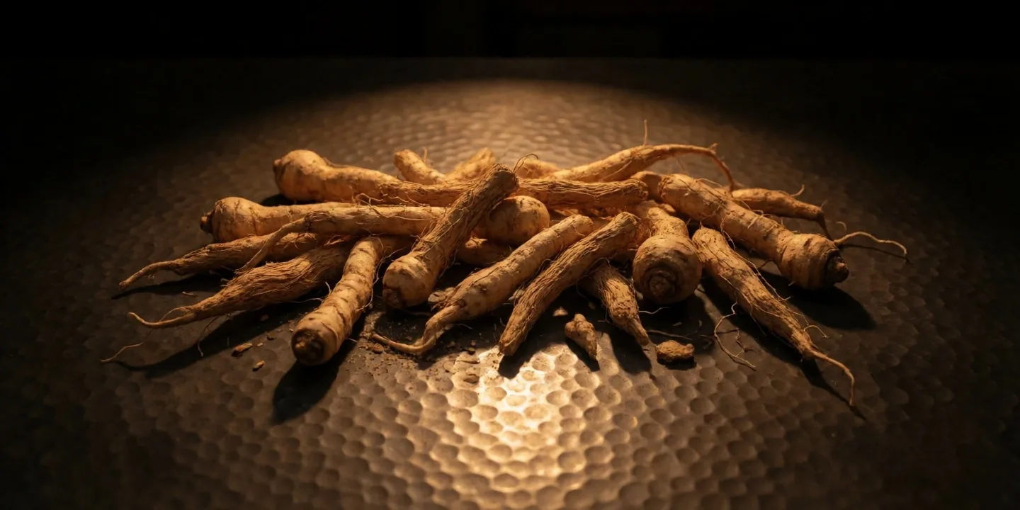 Dried maca, ashwagandha, and ginseng roots on a dark apothecary counter