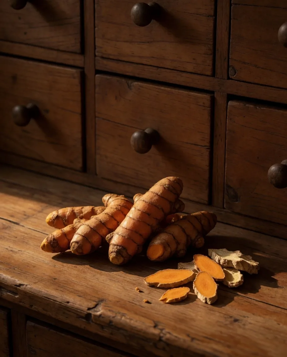 Sumatran turmeric root and dried ginger on a wooden apothecary surface