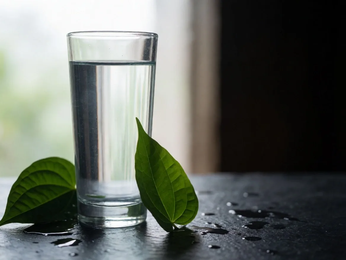 A glass of water on a dark wooden counter with fresh botanical leaves