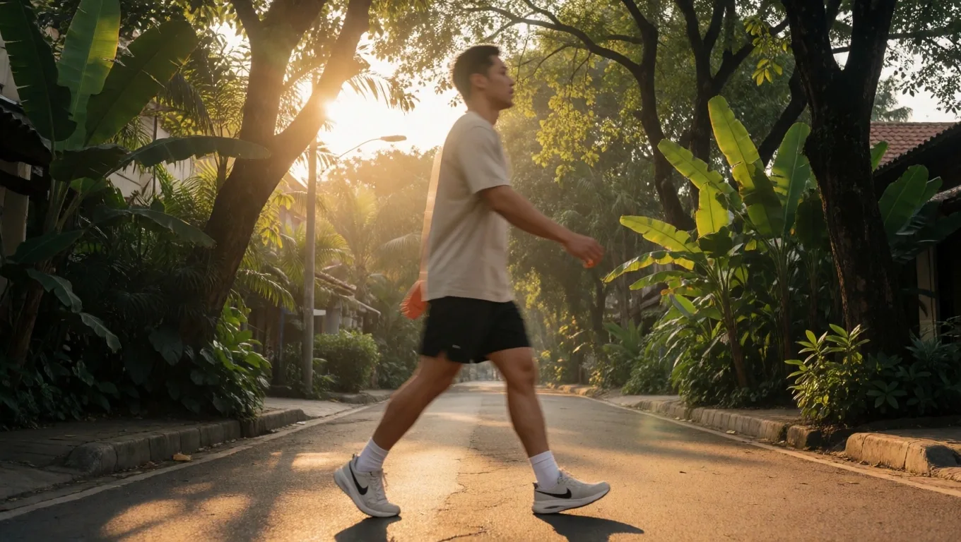 A man walking through a tree-lined street in Medan at golden hour