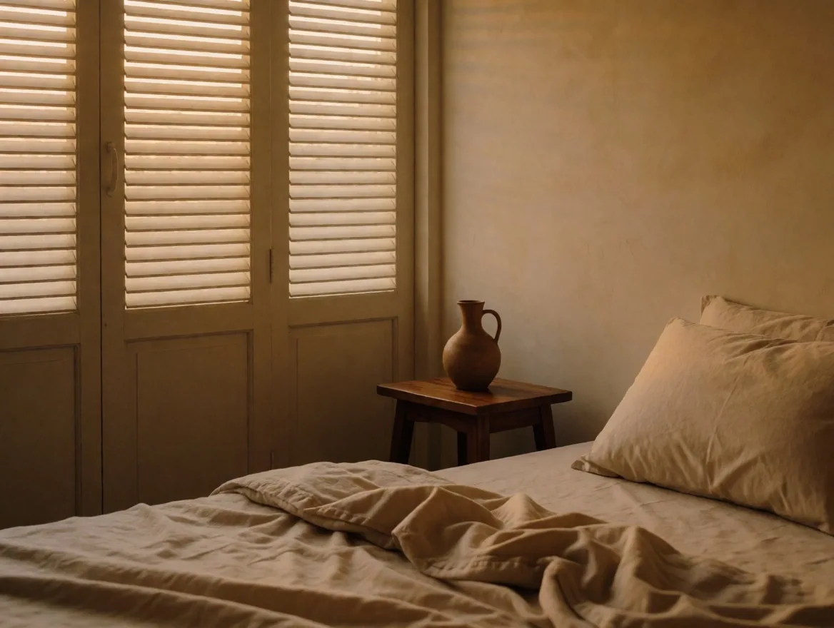 A quiet bedroom at early morning with soft amber light