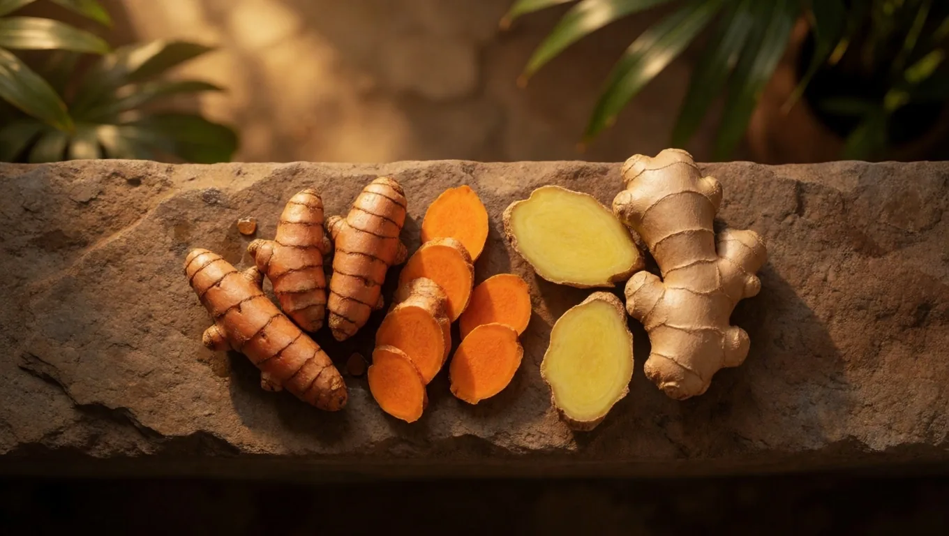 Fresh botanical roots on a dark apothecary counter at golden hour