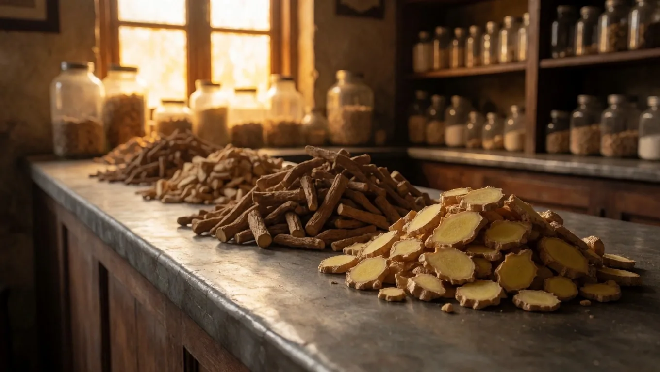 Botanical supplement ingredients on a wooden apothecary shelf in warm amber light