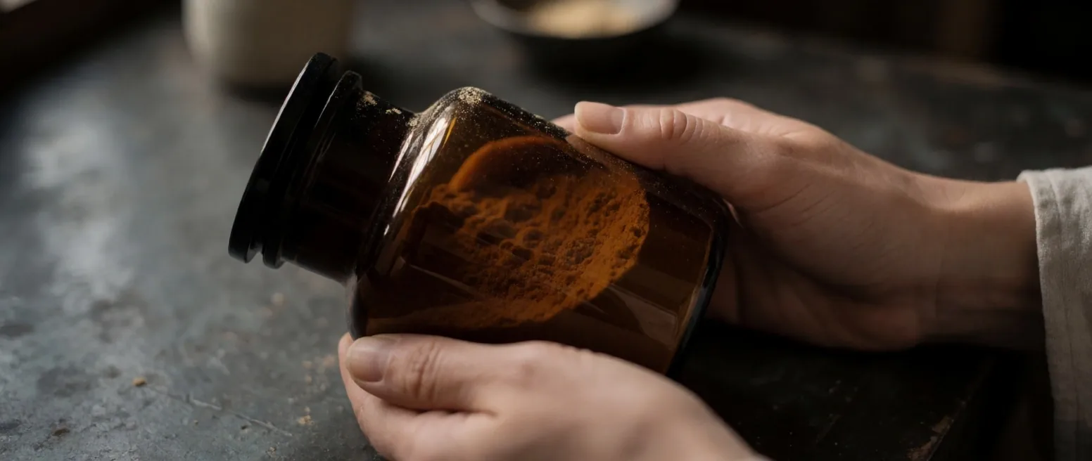 Hand holding a dark apothecary jar of dried botanical powder in amber light