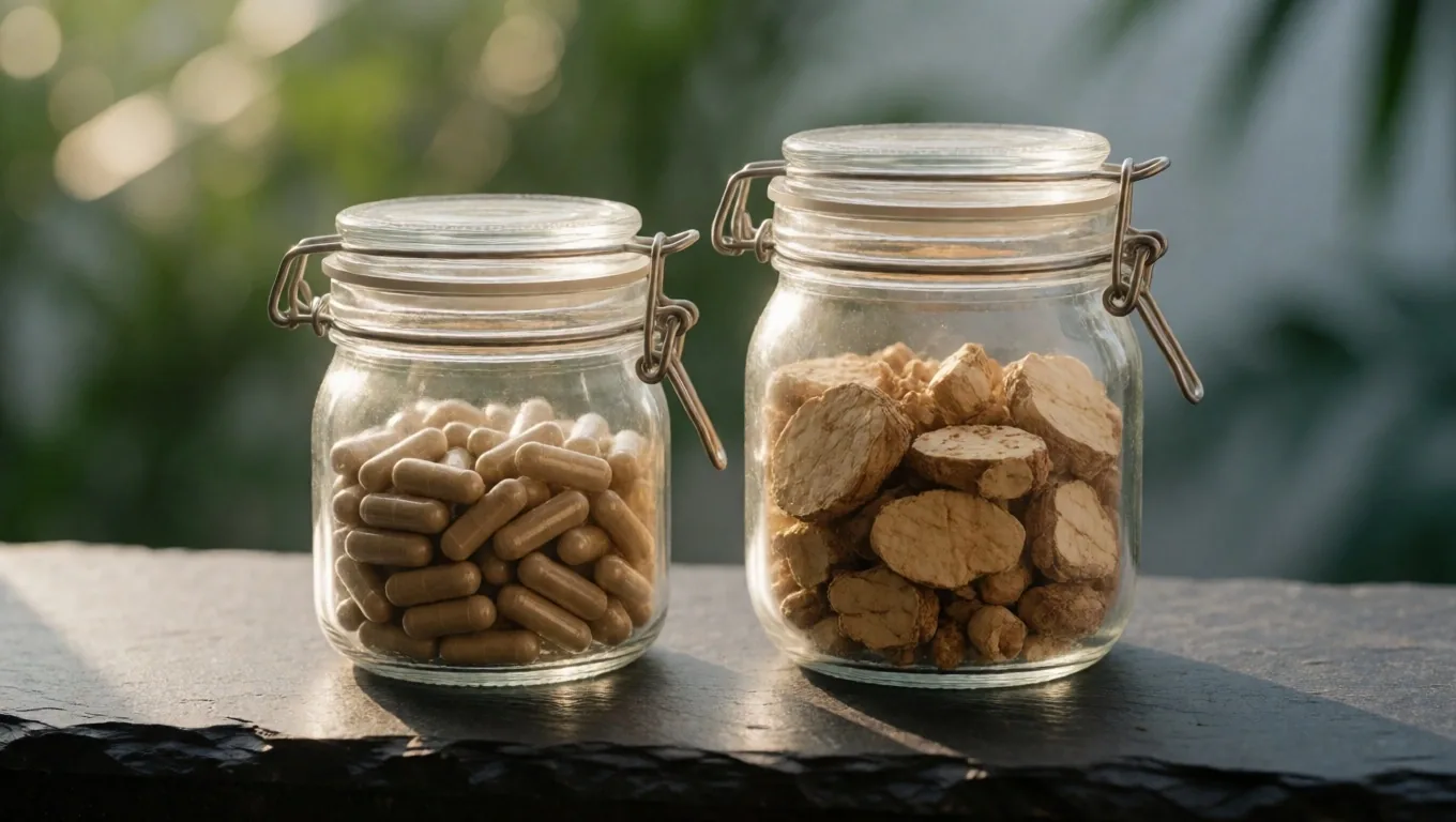 Two amber apothecary jars with different botanical ingredients on a zinc shelf