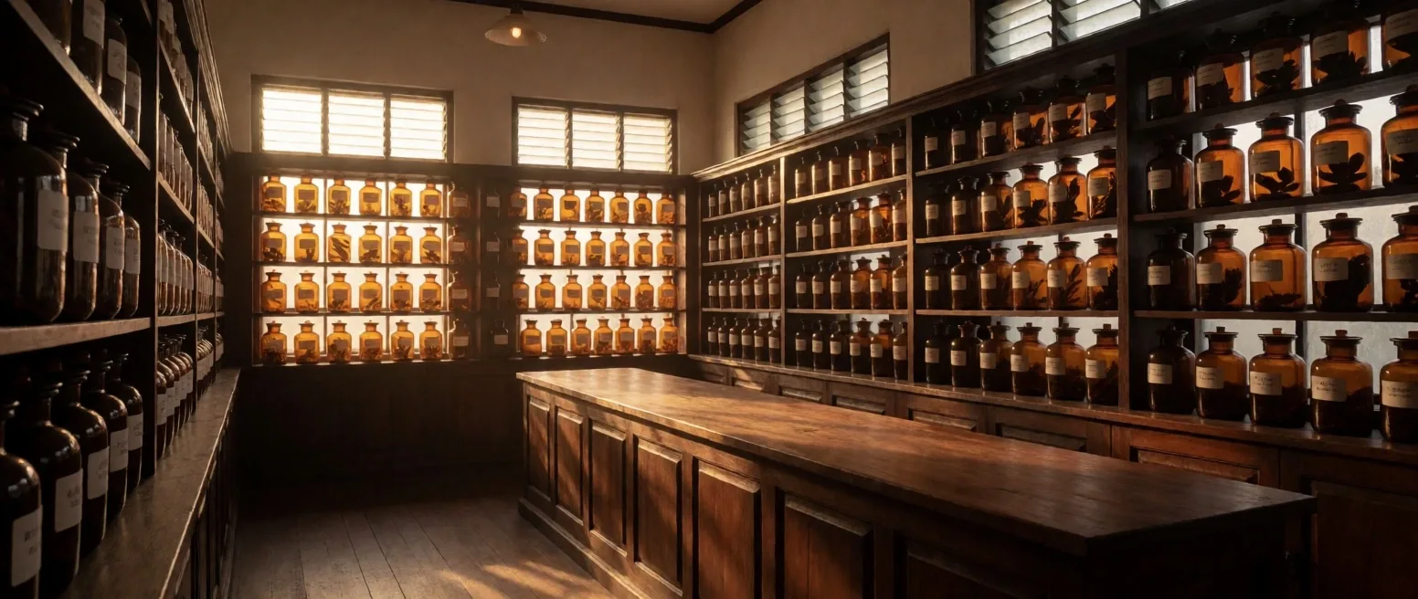 Apothecary interior with botanical jars at golden hour