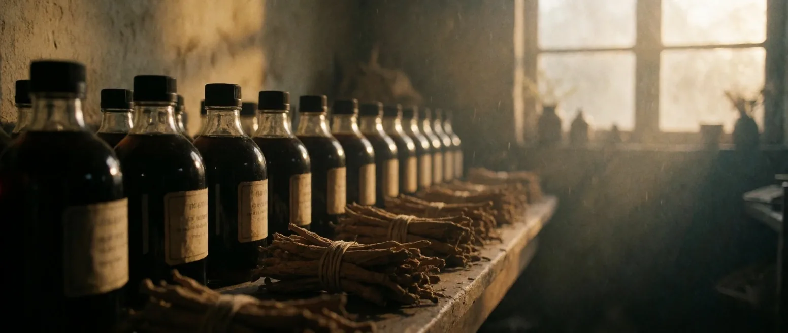 Ashwagandha and turmeric in amber apothecary jars on a wooden shelf