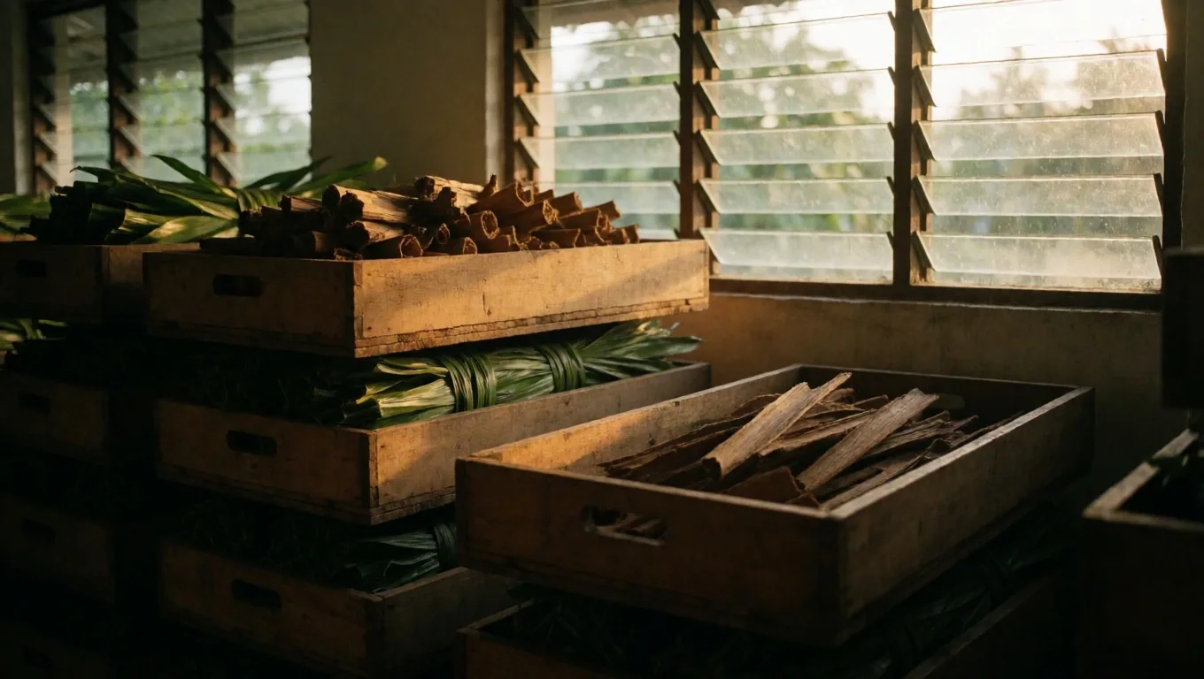Botanical apothecary shelf with amber jars of dried roots and herbs at golden hour