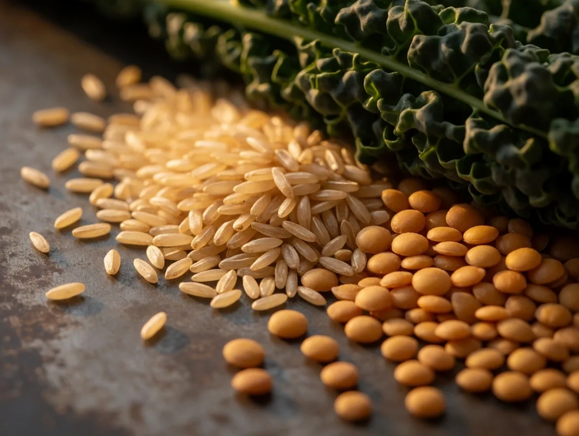 Brown rice, lentils, sunflower seeds and leafy greens on a dark zinc surface