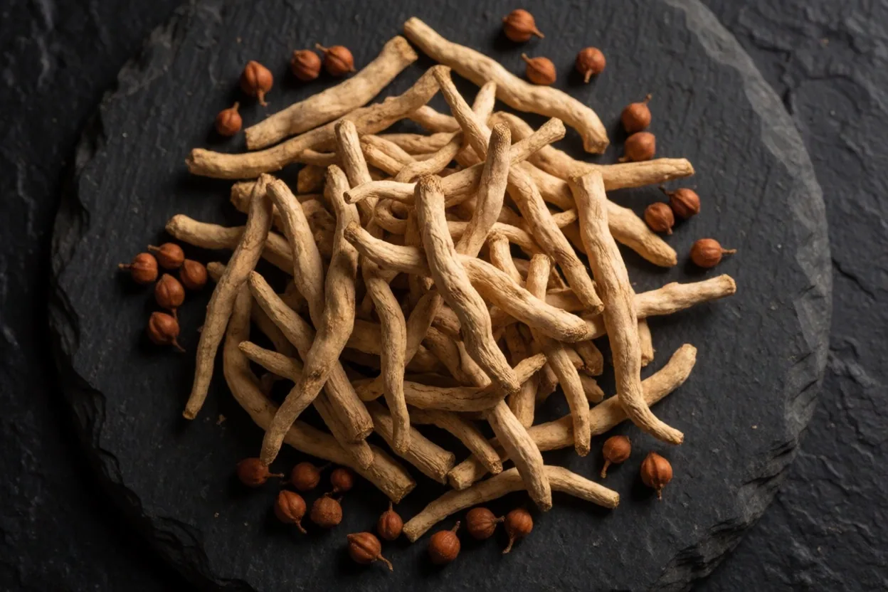 Dried ashwagandha roots on a dark wooden surface