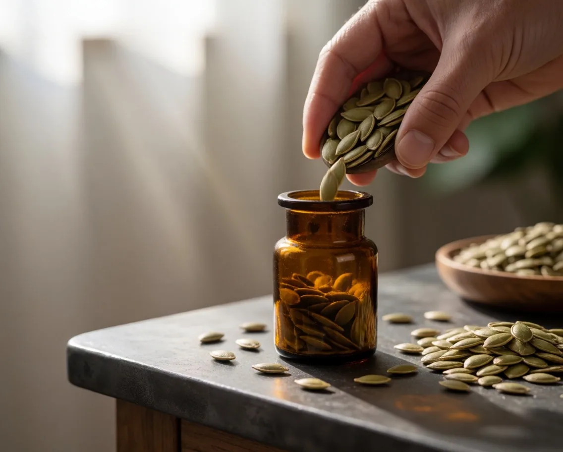 Hand pouring pumpkin seeds into an amber apothecary jar
