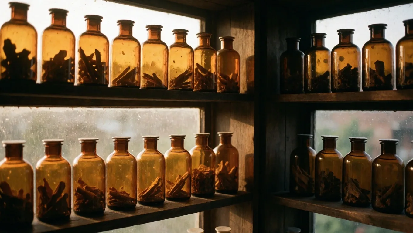 Apothecary shelf with amber glass jars of botanicals at golden hour