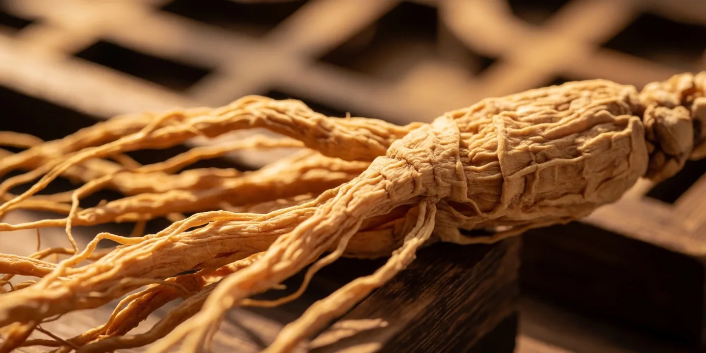 Dried ginseng root surface texture in warm light
