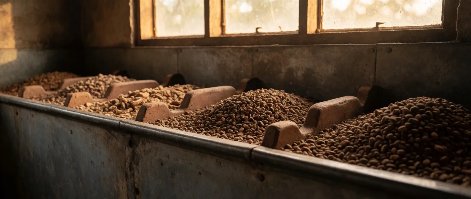 Dried forest herbs, seeds, and bark arranged on a zinc counter