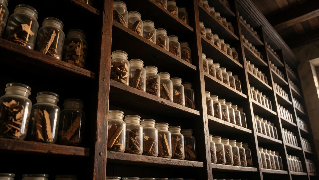Apothecary shelf with amber jars of botanical material