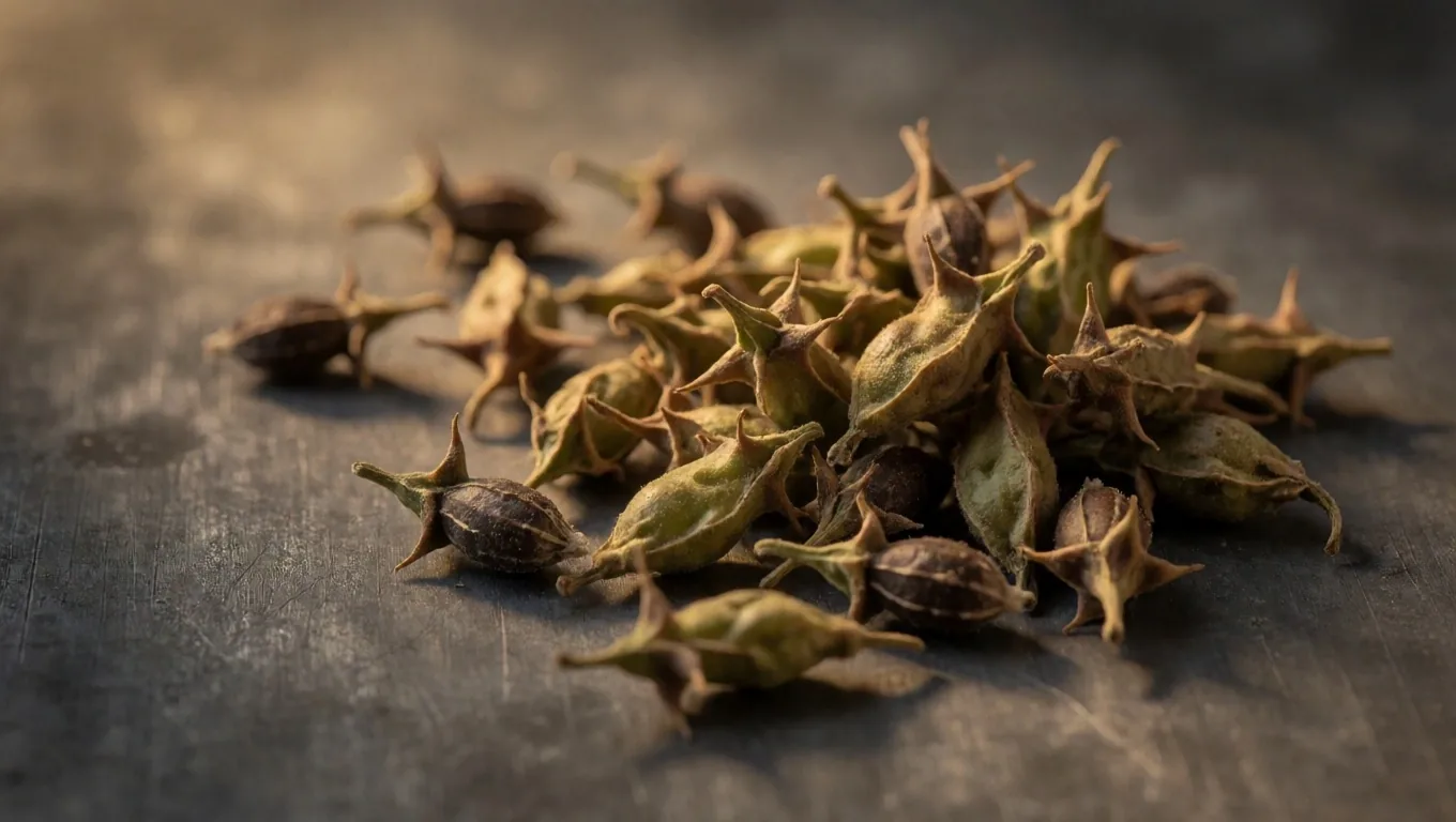Dried botanical specimens arranged on a zinc apothecary counter