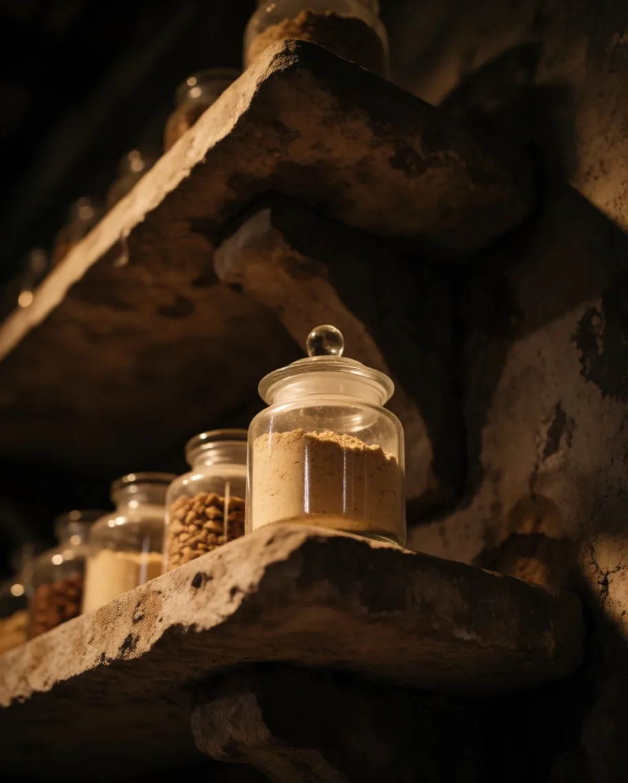 Maca root powder in an amber apothecary jar