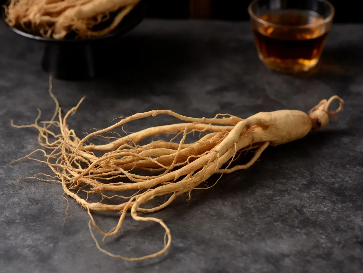 Panax ginseng root on a dark surface