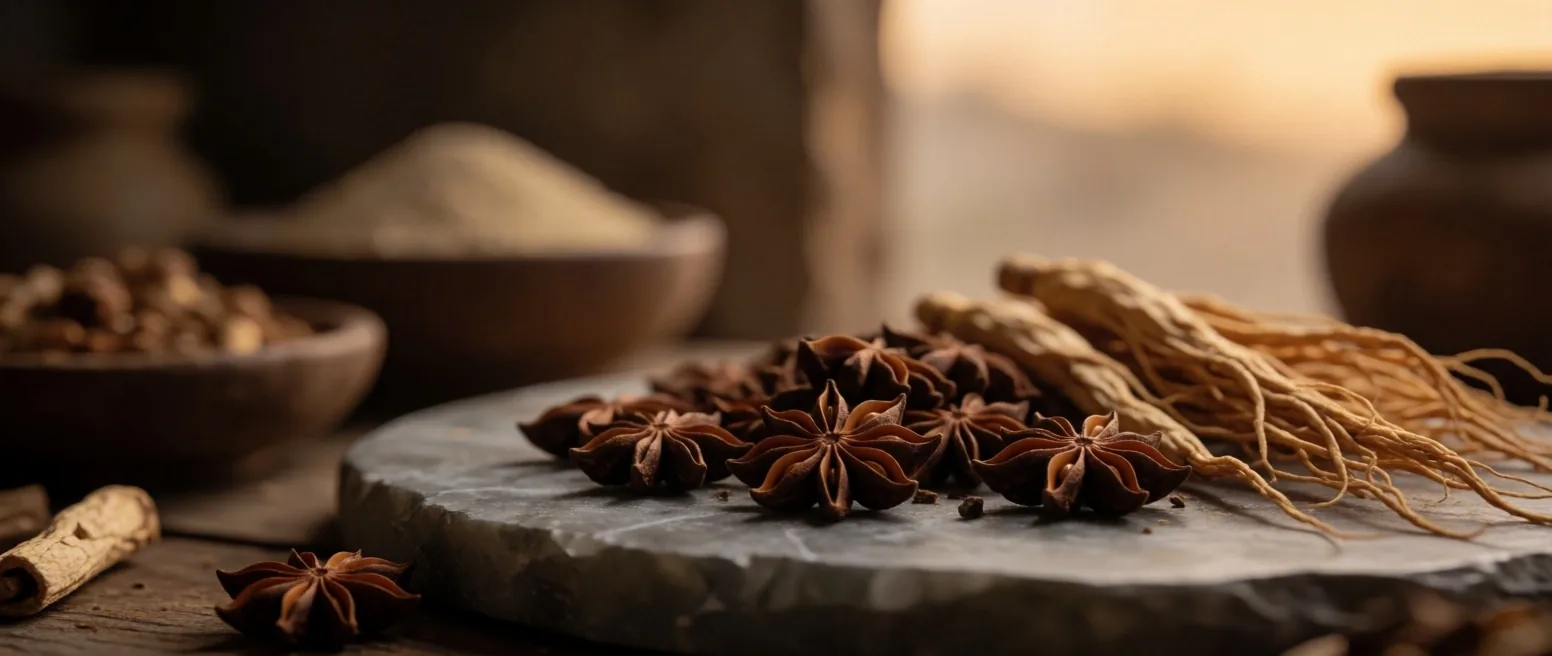 Dried botanical roots on an apothecary counter